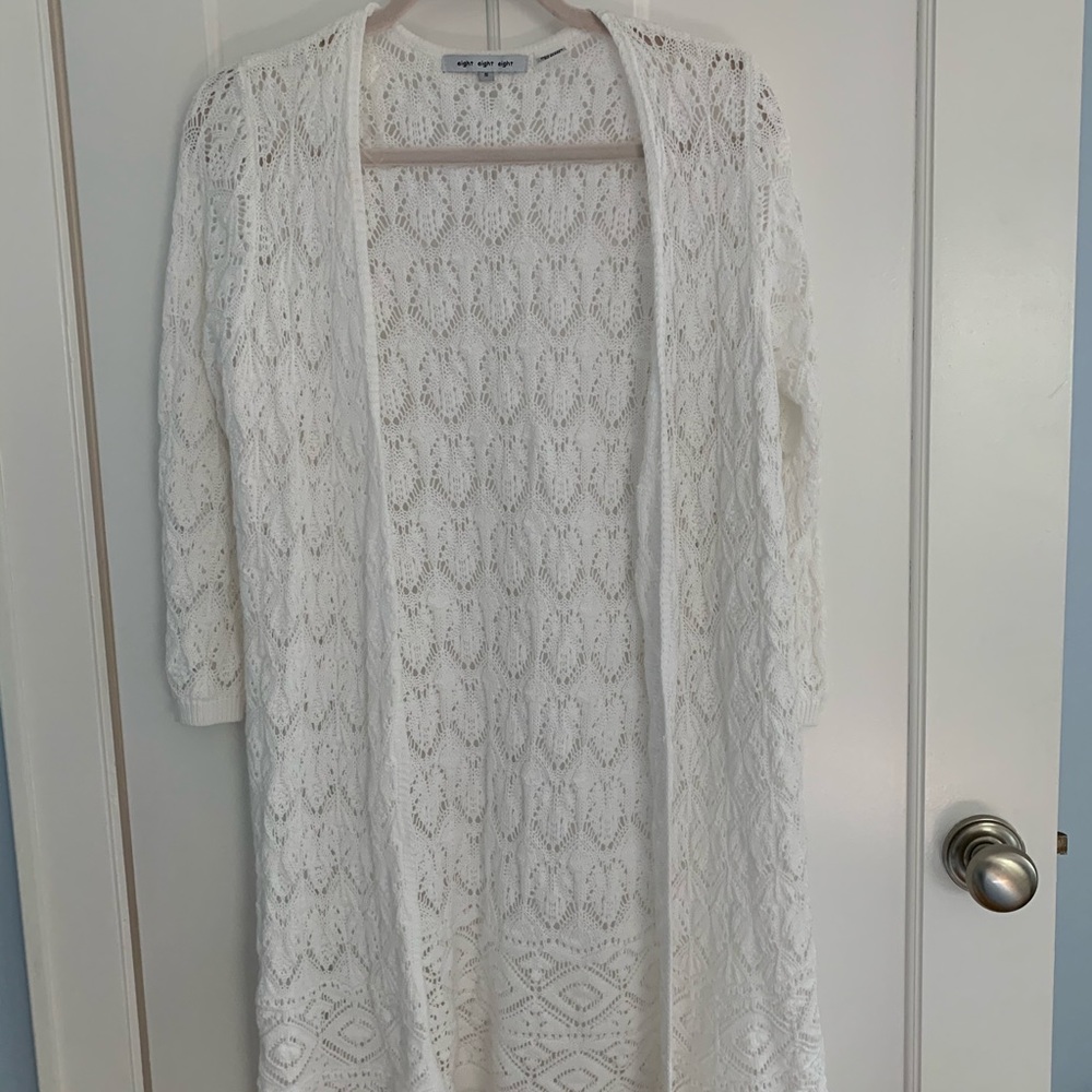 Crochet White 3/4 sleeve duster coverup